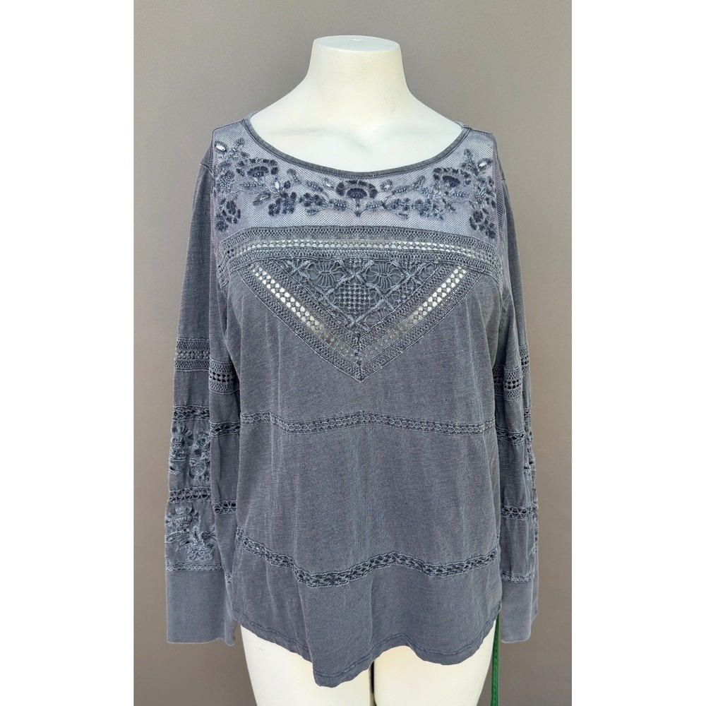 Sundance Gray Embroidered Lace Mesh Top Large Boho Long Sleeve Cotton Slub Shirt